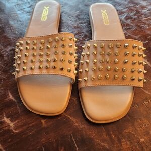 NEW - X2B Gold Spiked Tan Sandal Casual Slide Flat - Size 9